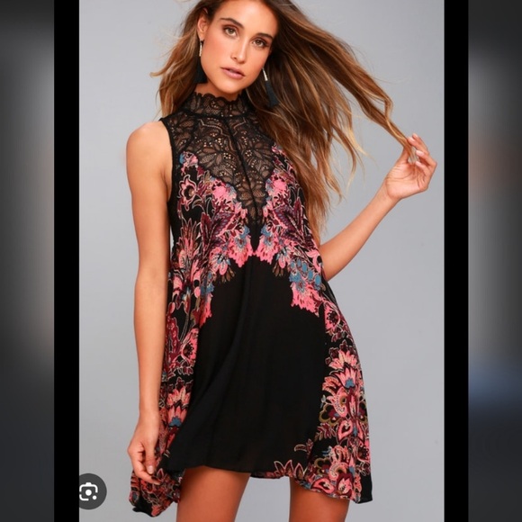 Intimately Free by Free People Marsha Black Print Lace Slip Dress size S - Picture 1 of 11
